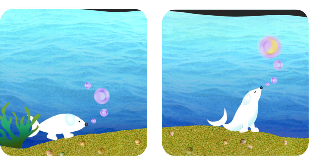 illustrated story for children of a dog -  The fish-dog is walking and thinking of the moon, missing it.