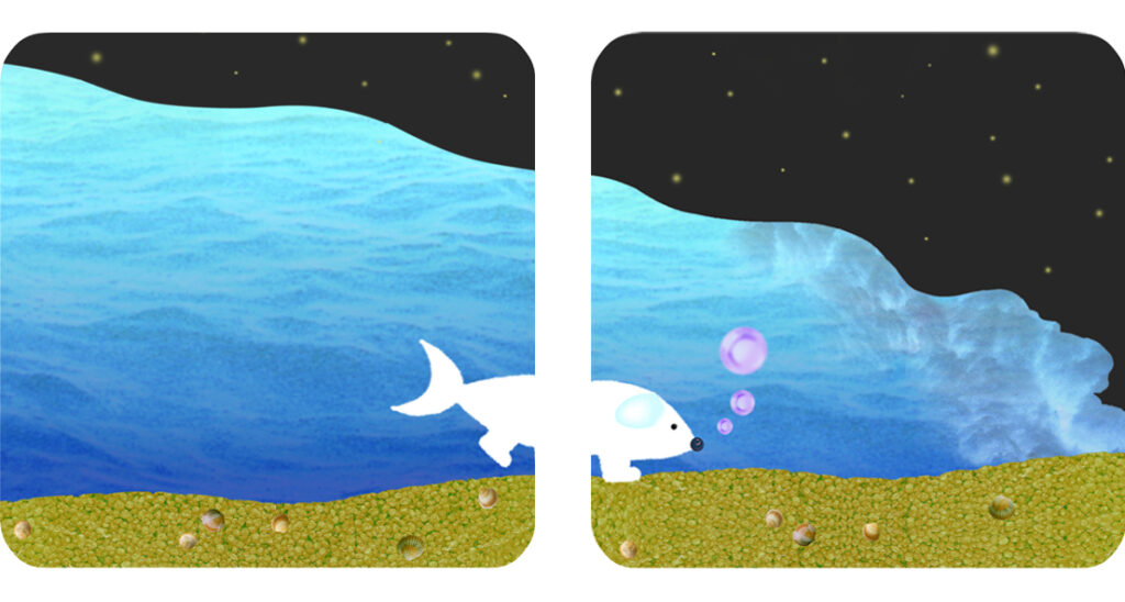 illustrated story for children of a dog The FIsh-dog is reaching the solid groung, looking for the moon.